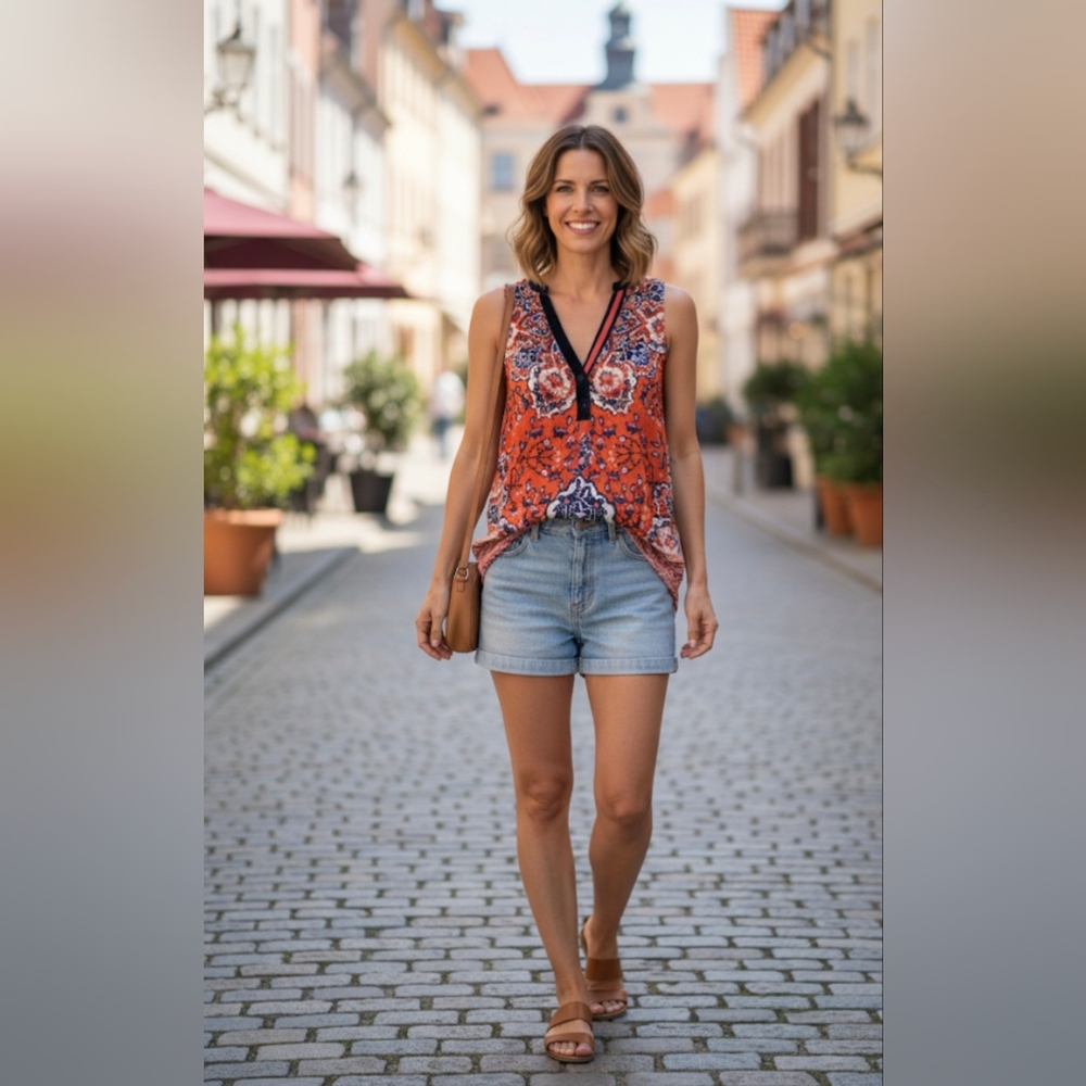 Vibrant Sleeveless Silk Floral Top - Orange and Blue